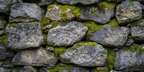 Close-up of natural stone wall with moss growing between rocks, rustic texture background for architecture and design