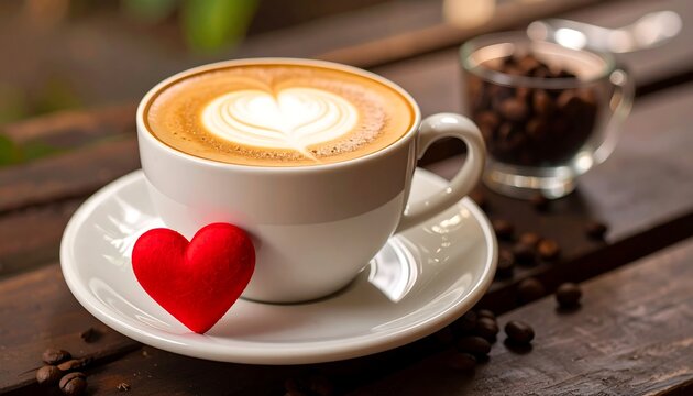 A heart-shaped latte sits beside a red plush heart and coffee beans in a glass. Sunlight highlights the scene on a rustic wooden table