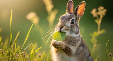 Rabbit Eating Grass in Sunny Meadow.