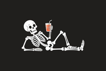 White skeleton relaxing with orange drink on black background