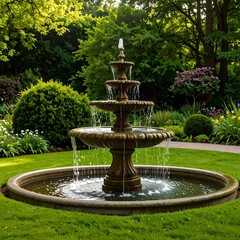 A beautiful outdoor fountain in a well-maintained garden