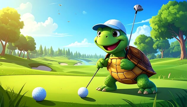 Cartoon turtle playing golf on a sunny green
