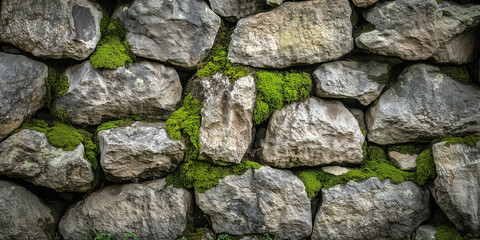 Close-up of natural stone wall with moss growing between rocks, rustic texture background for architecture and design
