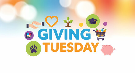 Obraz premium Giving tuesday concept with icons representing various charitable causes and a piggy bank