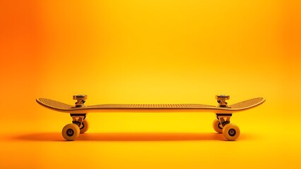 A vibrant yellow skateboard against a neon gradient background, exuding dynamic energy.