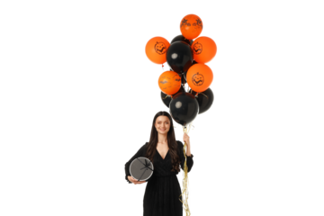 Girl in black dress with balloons and gift, isolated on white, PNG