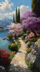A winding stone path leads to the lake, surrounded by lush greenery and blooming flowers. 