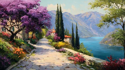 A winding stone path leads to the lake, surrounded by lush greenery and blooming flowers. 