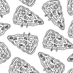 Doodle pizza slices pattern. Background with pieces of pizza. Pizza slices vector background. Hand drawn of pizza slices. Seamless outline pattern of pizza slices. Pattern pizza slices in doodle style