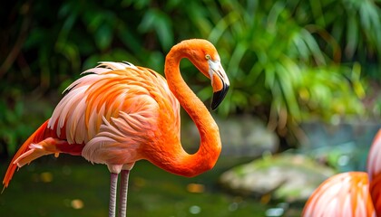 Obraz premium Vibrant flamingo in lush green surroundings