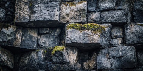 Close-up of natural stone wall with moss growing between rocks, rustic texture background for architecture and design
