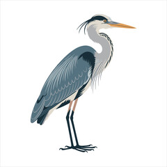 Elegant grey heron sculpture standing proudly on thin legs against a white background