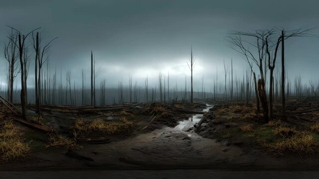 Desolate forest with dead tree and muddy ground beneath gloomy sky, foggy atmosphere over barren land, wet soil and leafless tree in bleak landscape with overcast weather