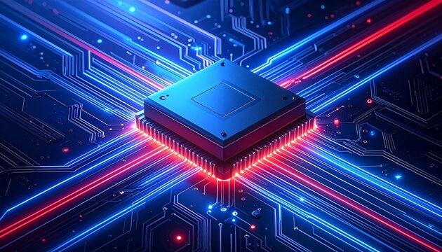 A glowing, futuristic central processing unit (CPU) set against a backdrop of interconnected circuits, radiating blue and red lines