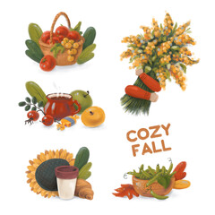 The concept of painted autumn stickers, vivid harvest drawings