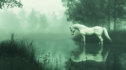Fototapeta premium White horse in misty forest landscape