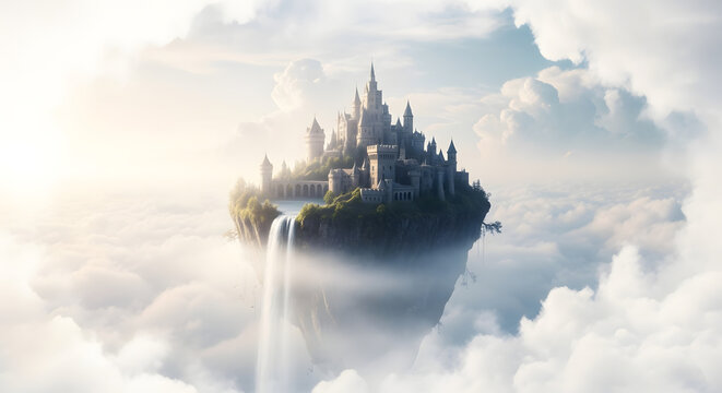 A fantastical castle sits atop a floating island amidst a sea of clouds, with a cascading waterfall.