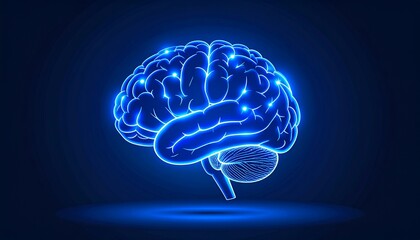 Glowing blue brain illustration depicting neural pathways and cognitive processes visualized