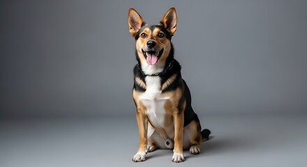 Dog Captured Sitting Upright on Smooth White Studio Floor