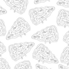 Doodle pizza slices pattern. Background with pieces of pizza. Pizza slices vector background. Hand drawn of pizza slices. Seamless outline pattern of pizza slices. Pattern pizza slices in doodle style