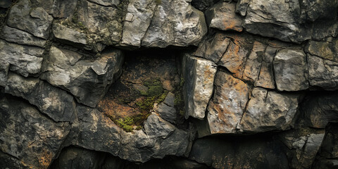 Close-up of natural stone wall with moss growing between rocks, rustic texture background for architecture and design