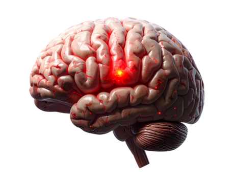  Human brain with red highlight indicating an issue on transparent background 