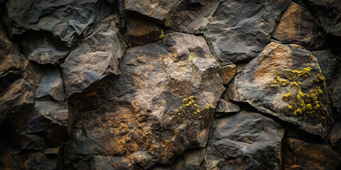 Close-up of natural stone wall with moss growing between rocks, rustic texture background for architecture and design