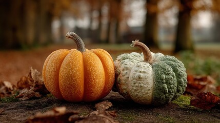 Two kind Halloween pumpkins in the park