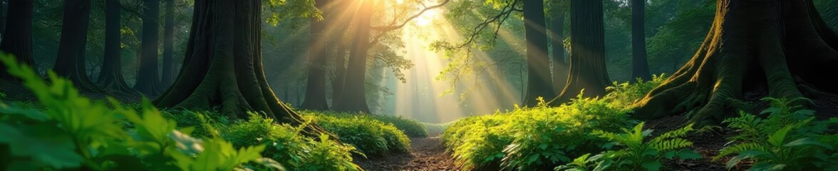 Sunlight dapples the forest floor, illuminating lush ferns and ancient trees in a pristine, untouched natural forest  A sense of tranquility and wild beauty pervades the scene ,  ecosystem,  quiet