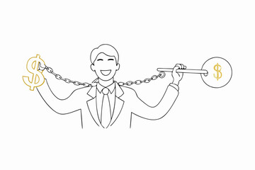 Businessman Breaking Money Chains Line Art Illustration