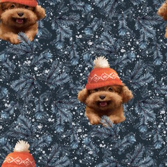 Hand-drawn Christmas Dogs in Hats Seamless Pattern on Dark Blue Background.