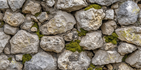 Close-up of natural stone wall with moss growing between rocks, rustic texture background for architecture and design