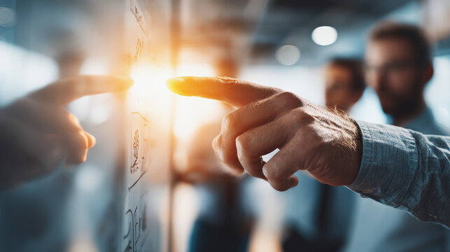 Business team hand pointing at glass board with blurred office background, brainstorming KPI alignment session, teamwork, and strategy planning
