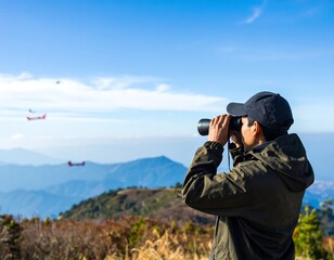 Person looking through binoculars at a mountain vista