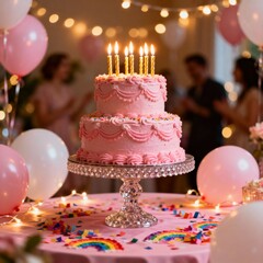 예쁜분홍생일케이크와촛불파티장면