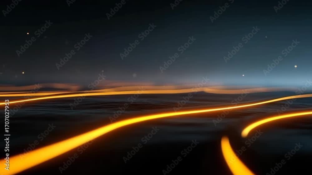 Wall mural glowing orange light trail curves over dark surface with blue gradient background and abstract motio