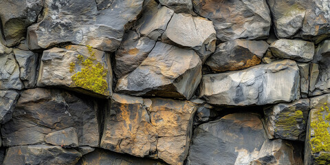 Close-up of natural stone wall with moss growing between rocks, rustic texture background for architecture and design