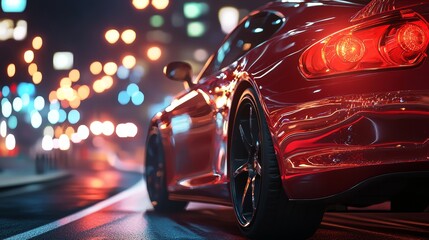 A red car was driving on the road at night. 3d, rendering, illustration,