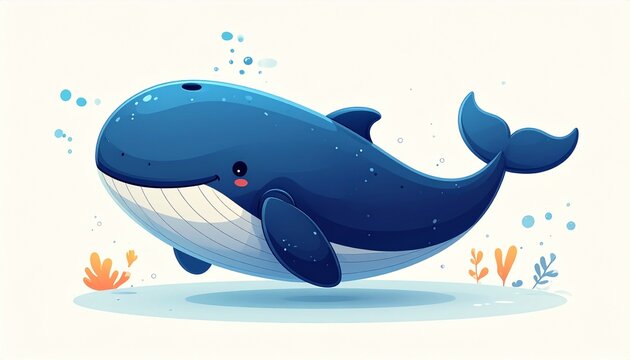 A cheerful cartoon whale swims in shallow water with bubbles and plants.