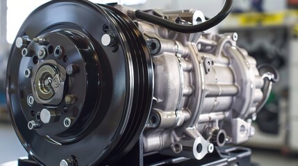Compressor with a sturdy metallic gray body and a cylindrical air tank, placed in an industrial workshop, garage, or factory to generate and store compressed air, connected to hoses and equipped with 