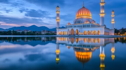 Obraz premium Beautiful reflection of Likas Mosque over a calm lake water during dusk