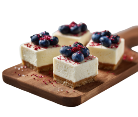 Four small, square cheesecakes topped with blueberries and red sprinkles on a wooden board