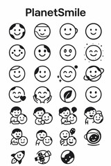 Naklejka premium A diverse collection of line art icons depicting happiness, love, and space exploration with smiling faces and planets