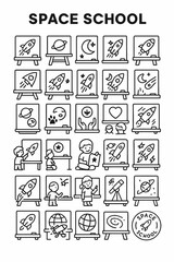 A collection of cute line art icons for space and astronomy education, showing children learning about planets, rockets, and the universe in a classroom setting