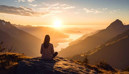 Serene view of a person meditating on a mountain top with a breathtaking sunset