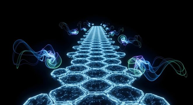 Cyber Pathway of Souls  Glowing path leading into infinite dark void.