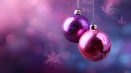 Two shiny pink and purple Christmas baubles hanging against a soft blurred festive background with bokeh and snowflakes.
