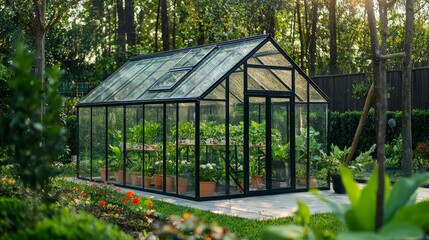 Greenhouse in the garden. Glass small compact greenhouse for growing flowers, vegetables, seedlings of various plants