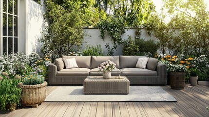 Grey garden furniture on board floor with flowers in pots on terrace of spacious mansion