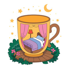 Cozy Dreamy Bedroom Inside a Cup with Night Sky and Stars Vector Illustration, Dream Cup Bedroom, Fantasy Interior, Cozy Night Room, Surreal Bedtime Art, Magical Sleep Design